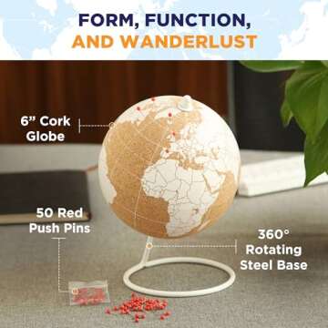 6-Inch White Cork Globe with Push Pins for All Ages