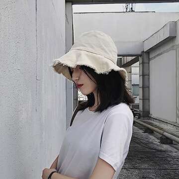 Quanhaigou Frayed Unisex Sun Hats, Fashion Beach Bucket Hat for Men Women,Summer Outdoor Boy's Girls Boonie Cap (Frayed Beige)