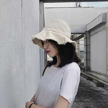 Quanhaigou Frayed Unisex Sun Hats, Fashion Beach Bucket Hat for Men Women,Summer Outdoor Boy's Girls Boonie Cap (Frayed Beige)