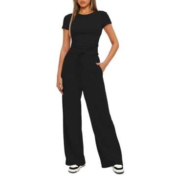 Darong Women's Two Piece Outfits Lounge Sets Ruched Short Sleeve Pullover Tops and High Waisted Pants Tracksuit Sets 9042A Black S
