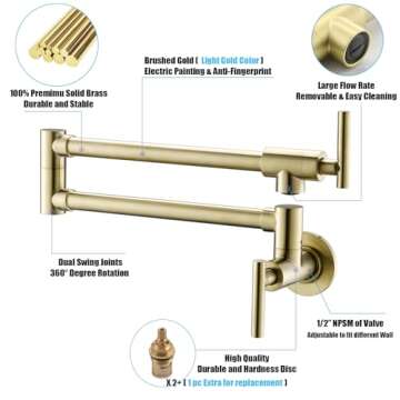 Havin Gold Brass Pot Filler,Wall Mount Commercial Pot Filler Faucet,Brass Copper Material Kitchen Folding Faucet,Coffee Machine Faucet with Stretchable Double Joint Swing Arms,Style A,Brushed Gold