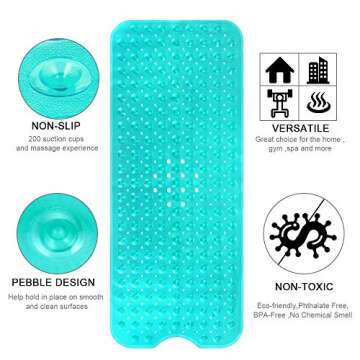 YINENN Bath and Shower Safety Mats 40x16 inch, Non Slip with Suction Cups for Bathroom Stall and Tub Floor, Extra Large and Machine Washable, Drain Holes Keep Bathtub Clean, Green