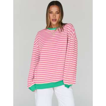 Trendy Queen Oversized Sweatshirt for Women 2024 Fall Crewneck Striped Long Sleeve Shirts Hoodies Pr...