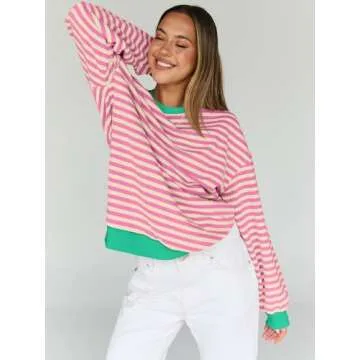 Trendy Queen Oversized Sweatshirt for Women 2024 Fall Crewneck Striped Long Sleeve Shirts Hoodies Preppy Top Y2K Outfits SEPinkApricot M