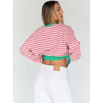 Trendy Queen Oversized Sweatshirt for Women 2024 Fall Crewneck Striped Long Sleeve Shirts Hoodies Preppy Top Y2K Outfits SEPinkApricot M