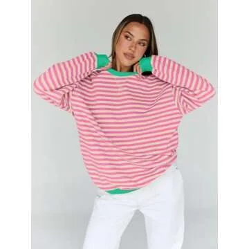 Trendy Queen Oversized Sweatshirt for Women 2024 Fall Crewneck Striped Long Sleeve Shirts Hoodies Preppy Top Y2K Outfits SEPinkApricot M