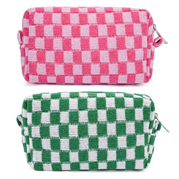 SOIDRAM 2 Pieces Makeup Bag Pouch Checkered Cosmetic Bag Pink Green, Travel Toiletry Bag Organizer C...