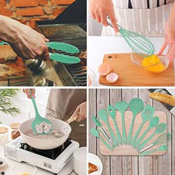 Homikit 11 Pieces Cooking Utensils Set, Silicone Kitchen Utensil Spatula Set for Nonstick Cookware, Green Kitchen Tools Include Whisk Turner Spoon Ladle Skimmer, Heat Resistant, Dishwasher Safe