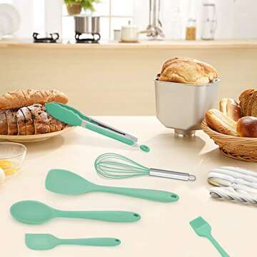 Homikit 11 Pieces Cooking Utensils Set, Silicone Kitchen Utensil Spatula Set for Nonstick Cookware, Green Kitchen Tools Include Whisk Turner Spoon Ladle Skimmer, Heat Resistant, Dishwasher Safe