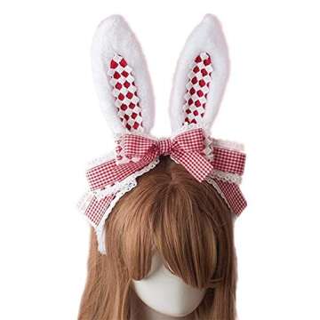 LittleLuluda Easter Party Hair Accessory Headband Gothic Lolita Cosplay Cute Rabbit Bunny Ears Bow Lace Hair Band Headwear (Red)