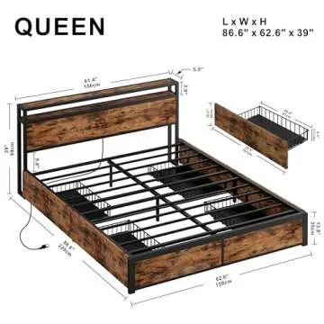 LIKIMIO Queen Bed Frame with Storage Drawer, 2-Tier Storage Headboard with Charging Station, No Box Spring Needed, Easy Assembly, Vintage Brown