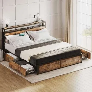 LIKIMIO Queen Bed Frame with Storage Drawer, 2-Tier Storage Headboard with Charging Station, No Box Spring Needed, Easy Assembly, Vintage Brown
