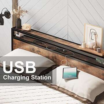 LIKIMIO Queen Bed Frame with Storage Drawer, 2-Tier Storage Headboard with Charging Station, No Box Spring Needed, Easy Assembly, Vintage Brown