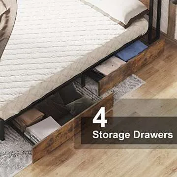 LIKIMIO Queen Bed Frame with Storage Drawer, 2-Tier Storage Headboard with Charging Station, No Box Spring Needed, Easy Assembly, Vintage Brown