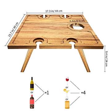 SASIDO Portable Wine Picnic Table, Acacia Wood, Larger Tray Foldable, Charcuterie Board, Wine Gift, Decoration for Romantic Camping, Engagement Party, Concerts at Park, Glamping, Wood Color