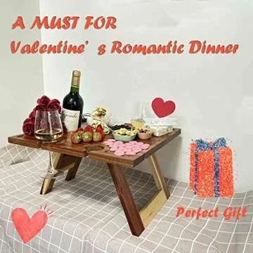 SASIDO Portable Wine Picnic Table, Acacia Wood, Larger Tray Foldable, Charcuterie Board, Wine Gift, Decoration for Romantic Camping, Engagement Party, Concerts at Park, Glamping, Wood Color