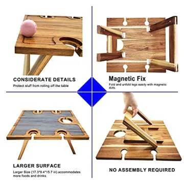 SASIDO Portable Wine Picnic Table, Acacia Wood, Larger Tray Foldable, Charcuterie Board, Wine Gift, Decoration for Romantic Camping, Engagement Party, Concerts at Park, Glamping, Wood Color
