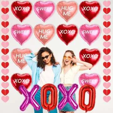 DMIGHT 18 Pcs Valentines Galentines Day Decorations, XOXO Letters Balloons, Love Foil Balloons with SWEET HUG ME Prints, Heart Hanging Garlands for Propose, Wedding Backdrop Party Supplies