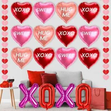 DMIGHT 18 Pcs Valentines Galentines Day Decorations, XOXO Letters Balloons, Love Foil Balloons with SWEET HUG ME Prints, Heart Hanging Garlands for Propose, Wedding Backdrop Party Supplies