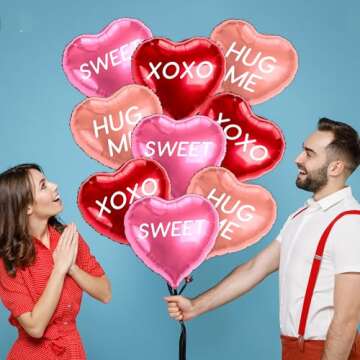 DMIGHT 18 Pcs Valentines Galentines Day Decorations, XOXO Letters Balloons, Love Foil Balloons with SWEET HUG ME Prints, Heart Hanging Garlands for Propose, Wedding Backdrop Party Supplies