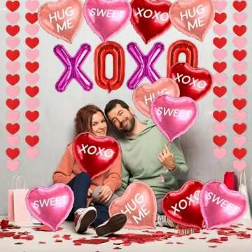 DMIGHT 18 Pcs Valentines Galentines Day Decorations, XOXO Letters Balloons, Love Foil Balloons with SWEET HUG ME Prints, Heart Hanging Garlands for Propose, Wedding Backdrop Party Supplies
