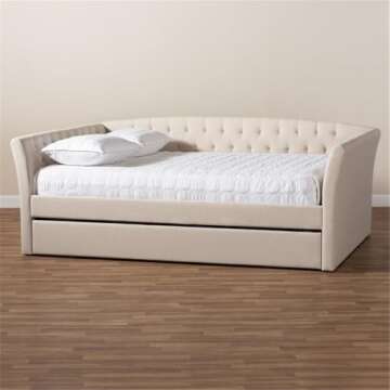 BOWERY HILL Modern Fabric Upholstered Full Size Daybed with Trundle in Beige