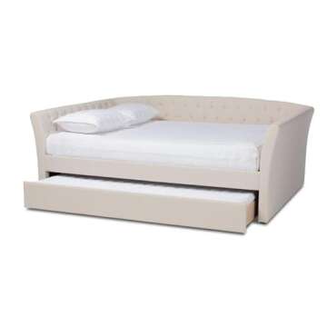 BOWERY HILL Modern Fabric Upholstered Full Size Daybed with Trundle in Beige