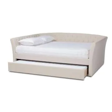 BOWERY HILL Modern Fabric Upholstered Full Size Daybed with Trundle in Beige