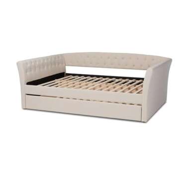 BOWERY HILL Modern Fabric Upholstered Full Size Daybed with Trundle in Beige