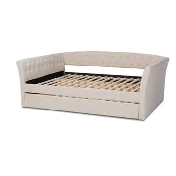 BOWERY HILL Modern Fabric Upholstered Full Size Daybed with Trundle in Beige