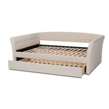 BOWERY HILL Modern Fabric Upholstered Full Size Daybed with Trundle in Beige