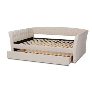 BOWERY HILL Modern Fabric Upholstered Full Size Daybed with Trundle in Beige