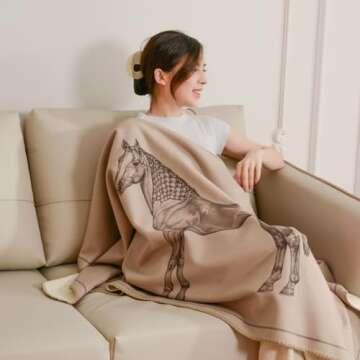 Croker Horse Elegant Wraps Shawl Throw Blanket 24x70'' inches - Luxury Horse Pattern Wool Cashmere Blanket with Buckle for Living Room Leisure Travel