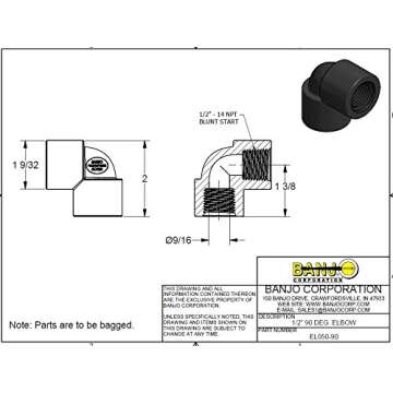 Banjo EL050-90 Polypropylene Pipe Fitting, 90 Degree Elbow, Schedule 80, 1/2" NPT Female