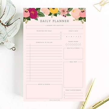 Bliss Collections Daily Planning Pad, To Do List Notebook - Pink Floral - Undated Tear-Off Sheets No...