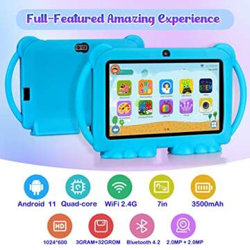 ATMPC Kids Tablet, 7 inch Tablet for Kids, 32GB ROM 3GB RAM Android 11.0 Toddler Tablet with 2.4G WiFi, GMS,Parental Control, Education APP, Dual Camera, Shockproof Case, Blue