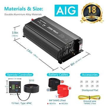 2000 Watt Pure Sine Wave Power Inverter 12V DC to 110V 120V AC with UL Approved Fuses and 20A AC Har...