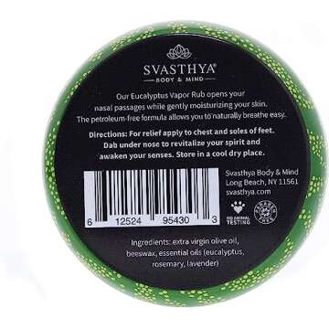 Svasthya Body & Mind Eucalyptus Vapor Rub - Opens Nasal Passages & Moisturizes The Skin, Cough, Stuffy Nose & Congestion Relief, Olive Oil, Beeswax, Lavender, Rosemary - Made in The USA, 2oz
