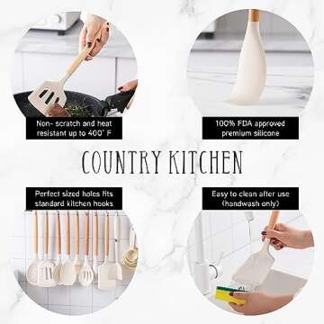 Country Kitchen Non Stick Silicone Utensil Set with Rounded Wood Handles for Cooking and Baking, 38 ...