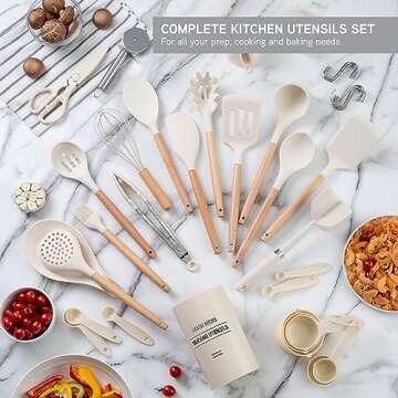 Country Kitchen Non Stick Silicone Utensil Set with Rounded Wood Handles for Cooking and Baking, 38 Piece Set, Khaki