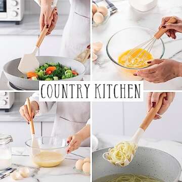 Country Kitchen Non Stick Silicone Utensil Set with Rounded Wood Handles for Cooking and Baking, 38 Piece Set, Khaki