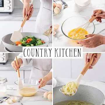 Country Kitchen Non Stick Silicone Utensil Set with Rounded Wood Handles for Cooking and Baking, 38 Piece Set, Khaki