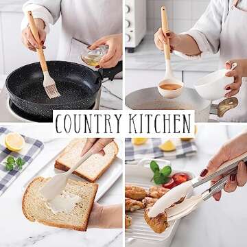 Country Kitchen Non Stick Silicone Utensil Set with Rounded Wood Handles for Cooking and Baking, 38 Piece Set, Khaki