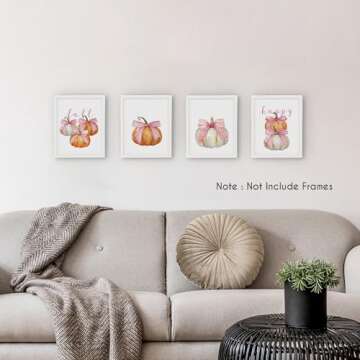 HRQKO Pink Fall Pumpkin Wall Art Poster Prints Set of 4, Pink Fall Decor, Coquette Bow Pumpkin Artwo...
