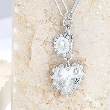 BONJOULRY Chunky Gold Sun Heart Pendent Charm Necklace for Women 18K Gold Plated Choker Necklace Heart Charm Necklace Thick Paperclip Chain Necklace Silver