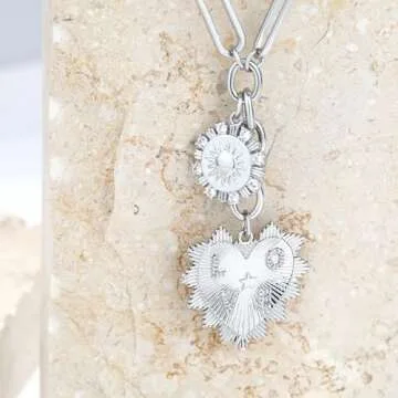 BONJOULRY Chunky Gold Sun Heart Pendent Charm Necklace for Women 18K Gold Plated Choker Necklace Heart Charm Necklace Thick Paperclip Chain Necklace Silver