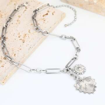 BONJOULRY Chunky Gold Sun Heart Pendent Charm Necklace for Women 18K Gold Plated Choker Necklace Heart Charm Necklace Thick Paperclip Chain Necklace Silver