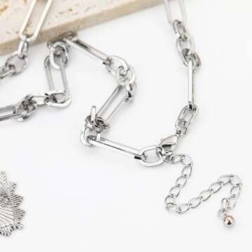 BONJOULRY Chunky Gold Sun Heart Pendent Charm Necklace for Women 18K Gold Plated Choker Necklace Heart Charm Necklace Thick Paperclip Chain Necklace Silver