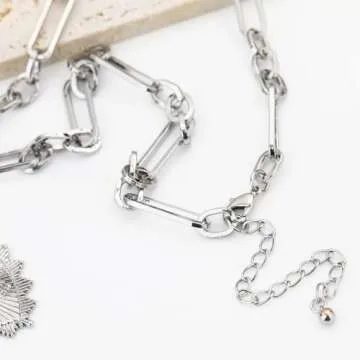 BONJOULRY Chunky Gold Sun Heart Pendent Charm Necklace for Women 18K Gold Plated Choker Necklace Heart Charm Necklace Thick Paperclip Chain Necklace Silver