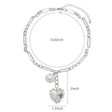 BONJOULRY Chunky Gold Sun Heart Pendent Charm Necklace for Women 18K Gold Plated Choker Necklace Heart Charm Necklace Thick Paperclip Chain Necklace Silver